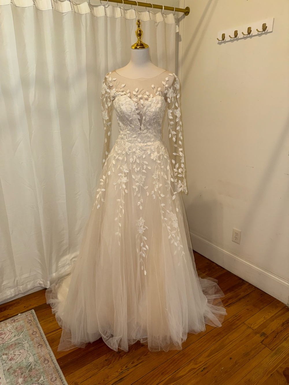 La Femme Ivory Long Sleeve Illusion Neck A-Line Wedding Gown